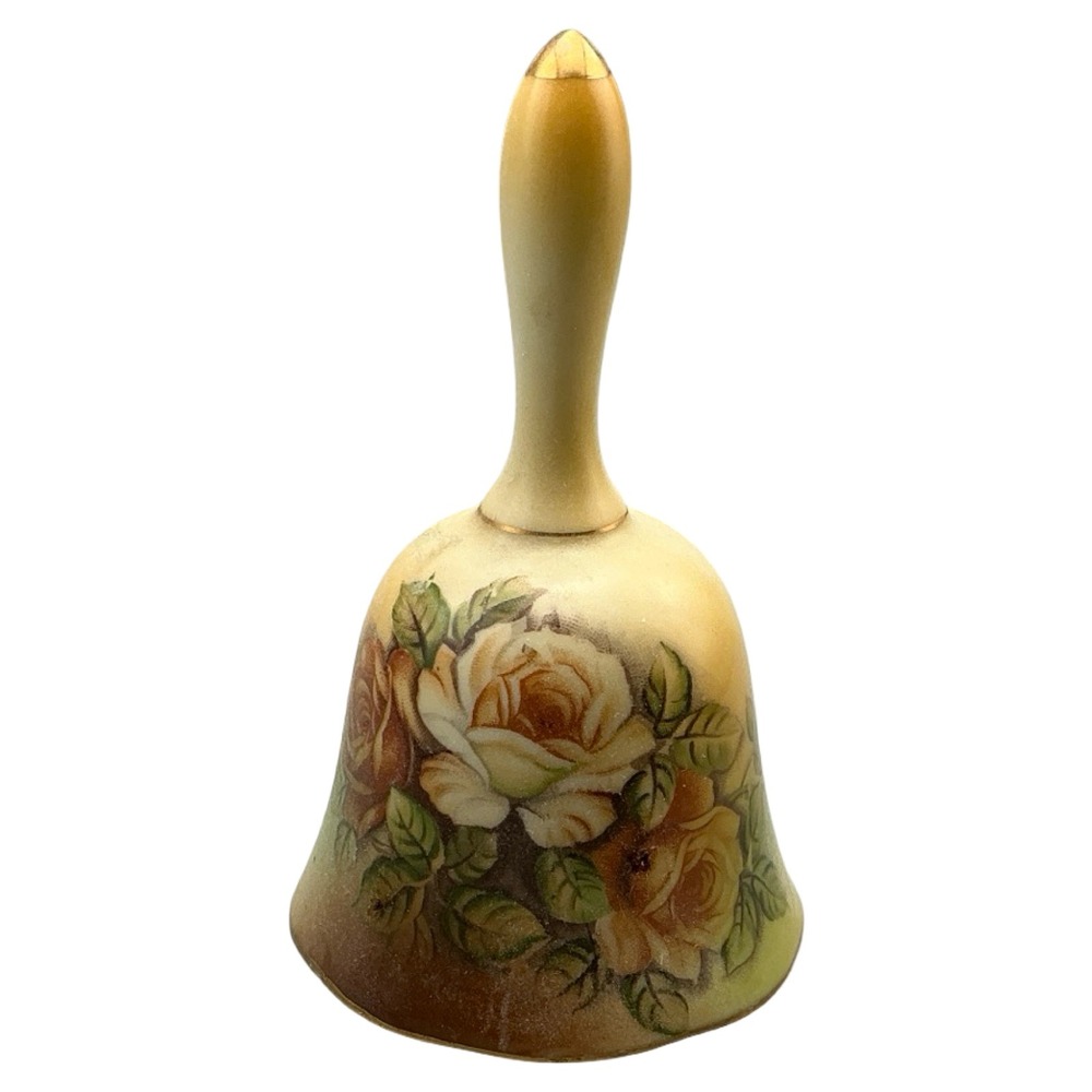 Vintage Nippon Hand Painted Floral Porcelain Dinner Bell Gold Trim Roses Japan